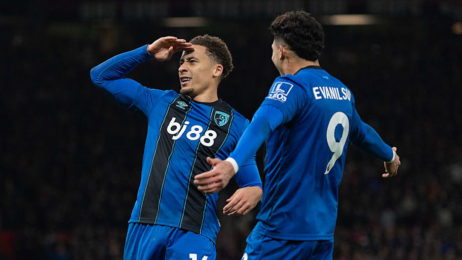 Marcus Tavernier celebrates Bournemouth goal with Evanilson.