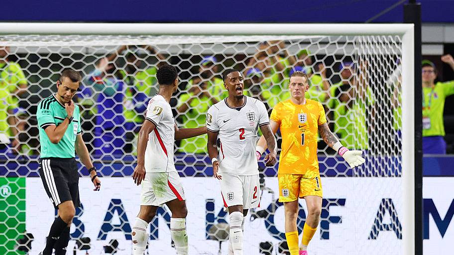 England’s Ezri Konsa and Jordan Pickford