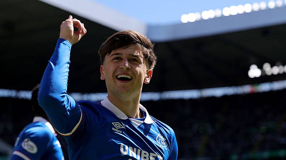 Mikey Moore celebrates after scoring for Rangers against Celtic.