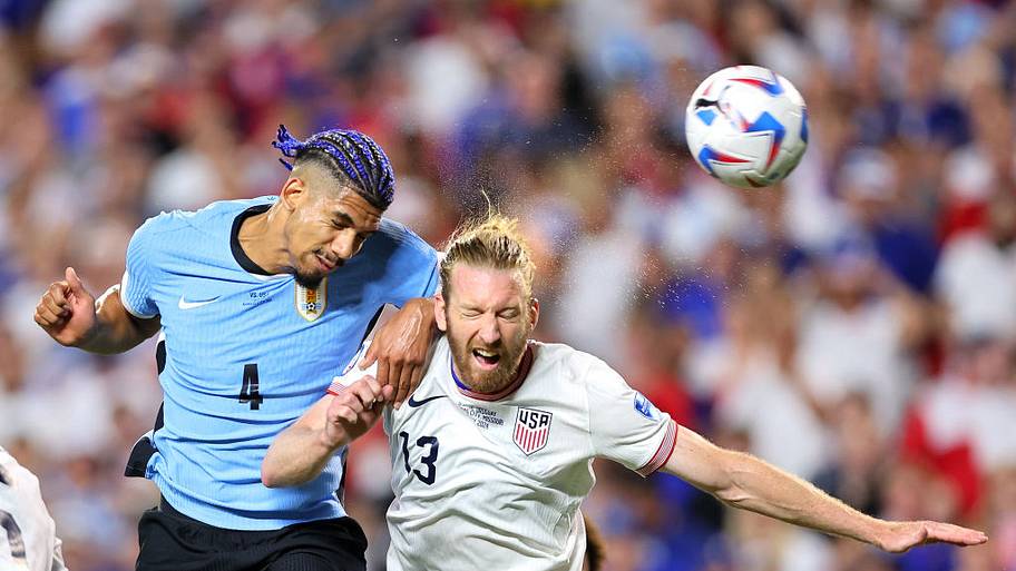 tim ream goes for header against ronald araujo