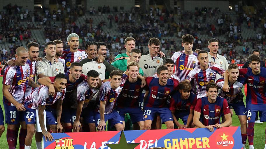 Barcelona players celebrate winning the 2023 Joan Gamper Trophy