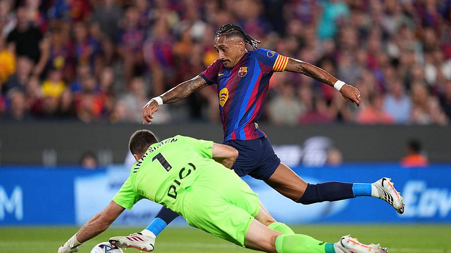 Raphinha scoring Barcelona’s first. 