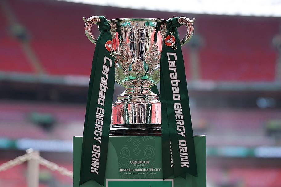 The Carabao Cup trophy is seen on a branded plinth during the Carabao Cup Final match Arsenal and between Manchester City.
