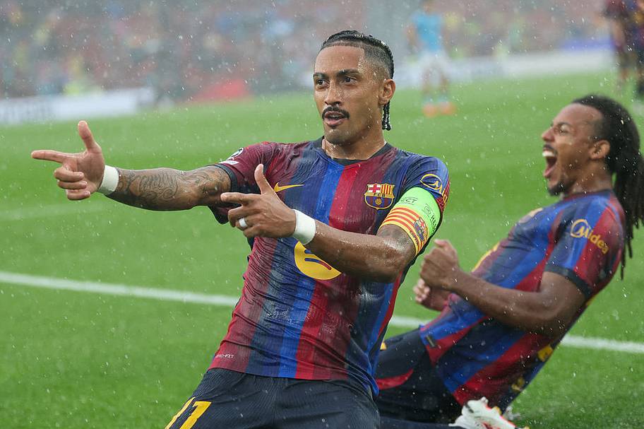 Raphinha celebrating Barça’s opener.