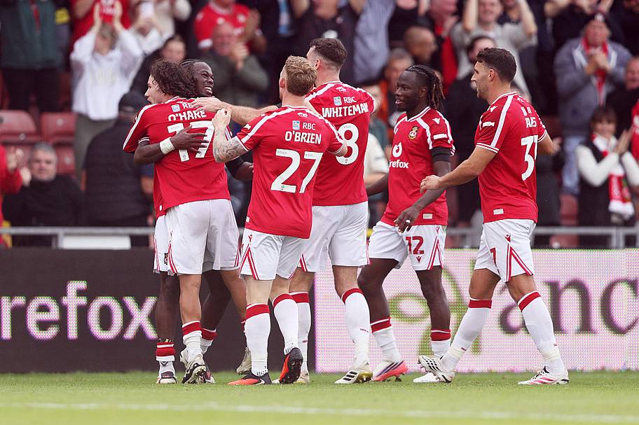Callum O’Hare of Wrexham celebrates scoring his team's second goal with teammates during the Sky Bet Championship 2026/27.