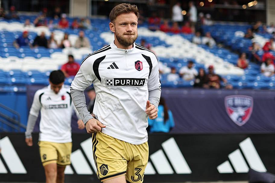 Cedric Teuchert #36 of St. Louis City SC takes to the field ahead of the MLS soccer game vs. FC Dallas.