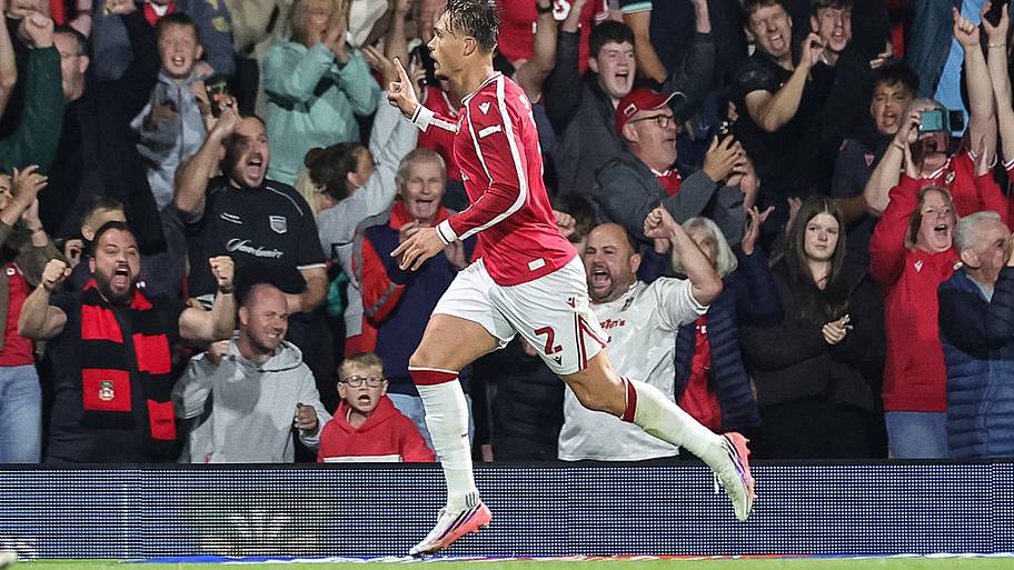 Callum Doyle of Wrexham celebrates his goal to make it 1-1 vs. Birmingham City.