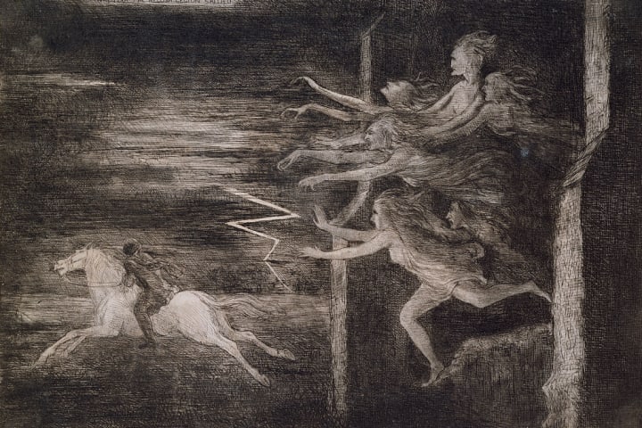 Etching of Horseman Fleeing from Witches by Richard Cockle Lucas