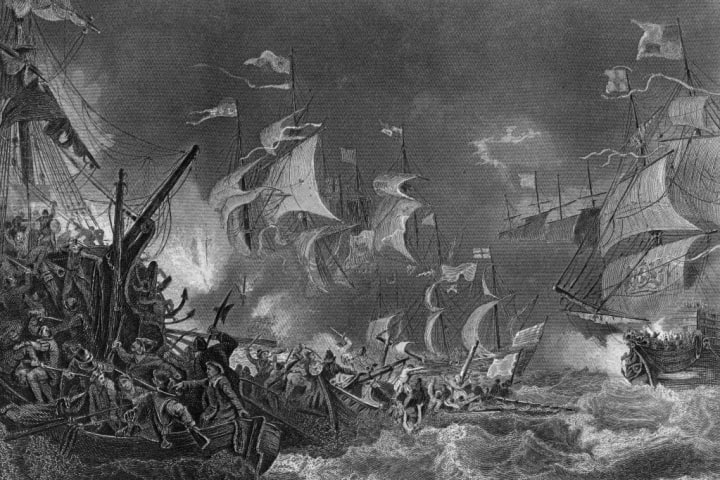 The defeat of the Spanish Armada, 1588 (c1857). Artist: J Rogers