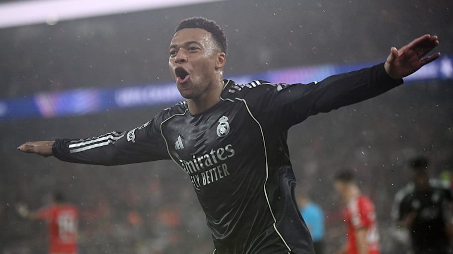 Kylian Mbappé celebrates scoring vs. Benfica