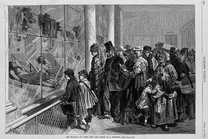 A newspaper illustration shows people viewing bodies through plate glass windows. 