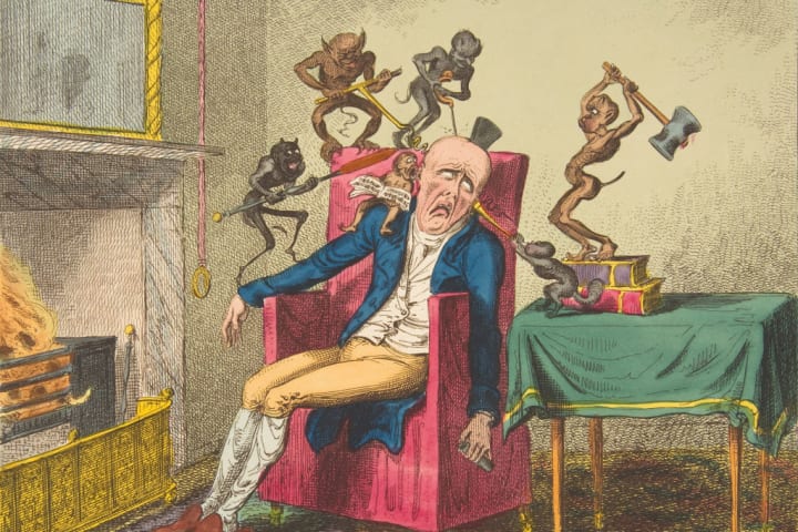 Cartoon of a man with a headache in the form of devil figures