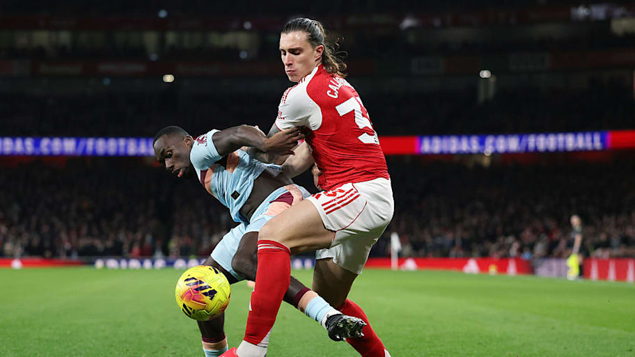 Riccardo Calafiori battles for the ball