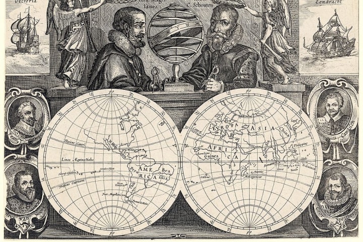 Engraving showing a map of two sides of the world with Ferdinand Magellan