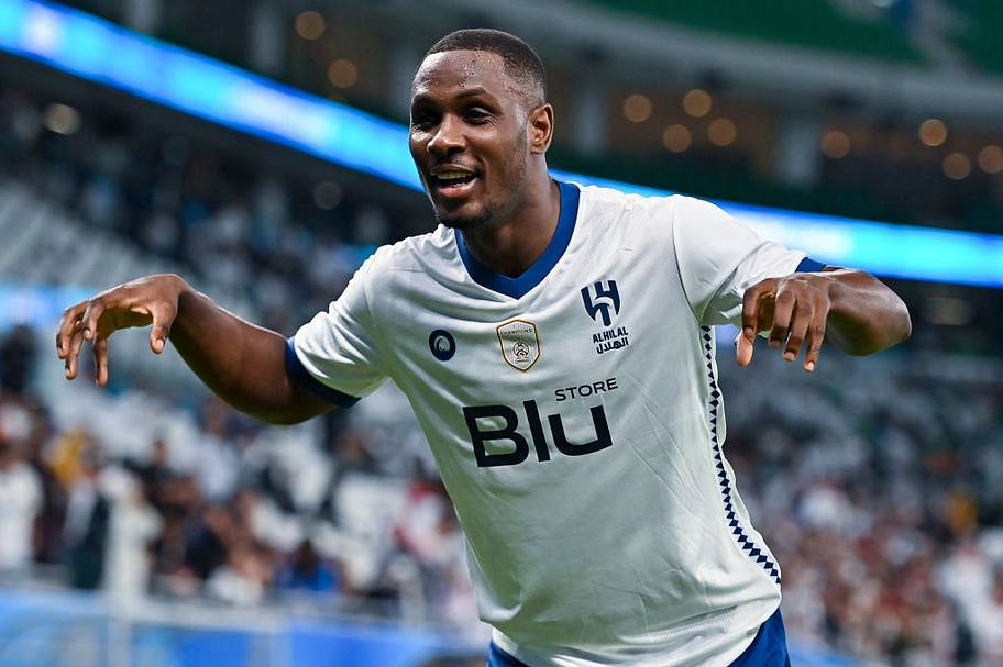 Odion Jude Ighalo of Al Hilal Saudi FC celebrates after scoring during the AFC Champions League 2022 semifinals.