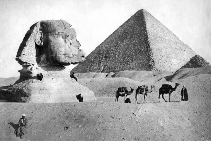 The Sphinx and pyramid at Giza, Egypt, circa 1882.