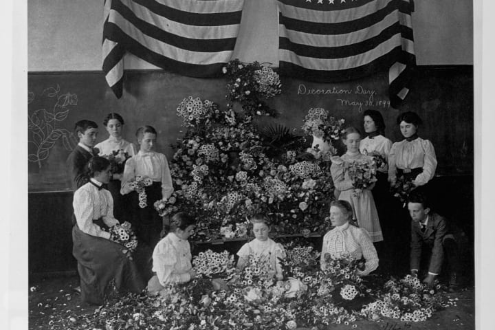 Schoolchildren Gathering Flowers for Memorial Day