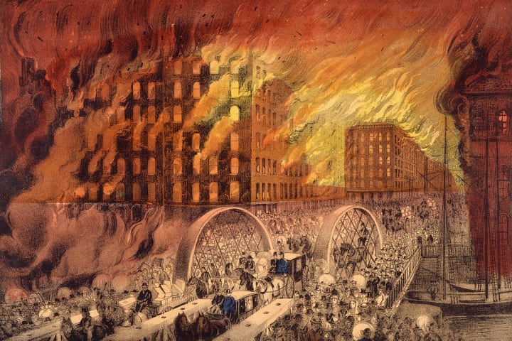 A lithograph of the Great Chicago Fire of 1871.