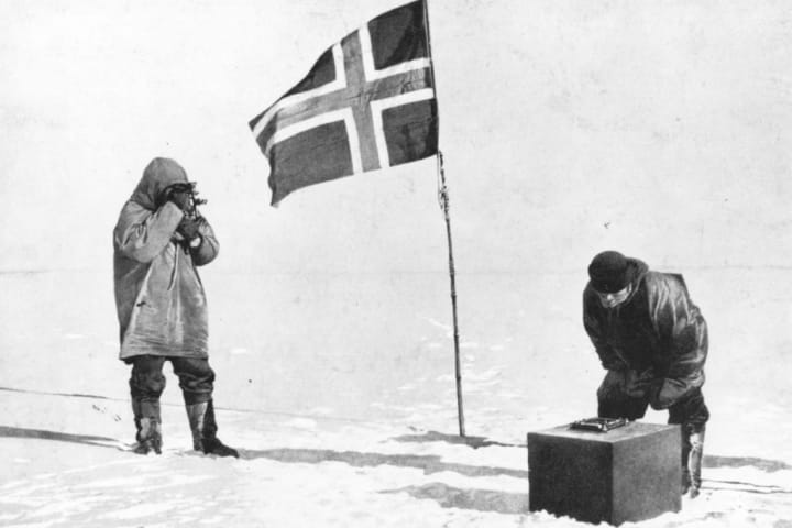 Roald Amundsen and Helmer Hanssen at the South Pole