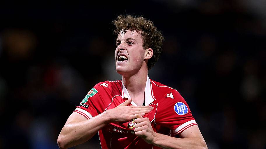 Harry Ashfield celebrates scoring his team's second goal during the Carabao Cup Second Round match vs. Preston.