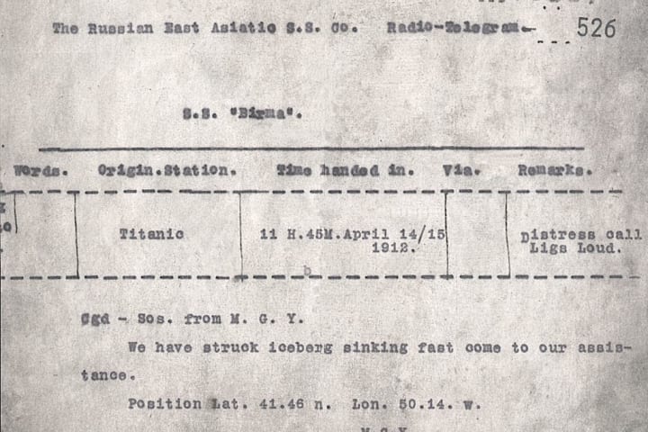 Telegram sent from the 'Titanic' reporting sinking