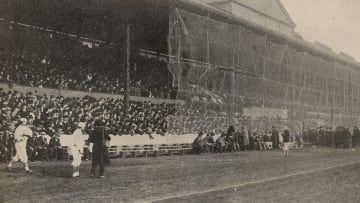 Fans watching an exhibition baseball game at Chelsea Football Club’s Stamford Bridge in 1914.