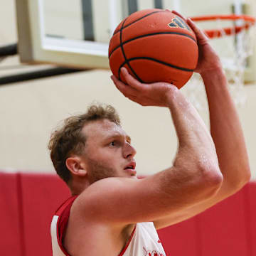 Indiana men's basketball redshirt senior forward Tucker DeVries takes a jump shot July 30, 2025, at Cook Hall in Bloomington.