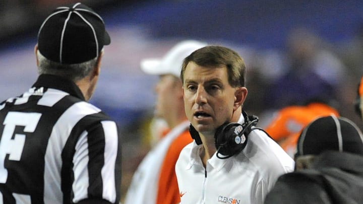 Clemson head coach Dabo Swinney during the 2nd quarter of the Chick-fil-A Bowl Monday, December 31, 2012 in the Georgia Dome in Atlanta. BART BOATWRIGHT/Staff

Chick Fil A Bowl Practice