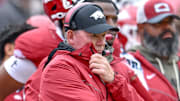 Arkansas Razorbacks interim coach Bobby Petrino on the sidelines against the Auburn Tigers at Razorback Stadium in Fayetteville, Ark.
