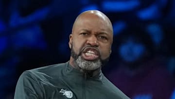 Orlando Magic head coach Jamahl Mosley reacts on the bench against the New York Knicks.