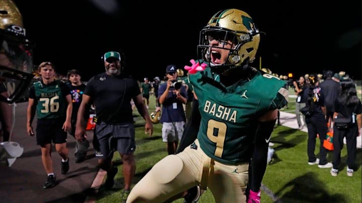 Basha defensive back Caleb Garcia (9) celebrates the Bears win over visiting Orange Lutheran of California on Sept. 5, 2025. Basha defensive back Caleb Garcia (9) celebrates the Bears win over visiting Orange Lutheran of California on Sept. 5, 2025.