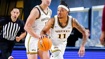 Drexel guard Jason Drake handles the ball in a 2024-25 game in Philadelphia.