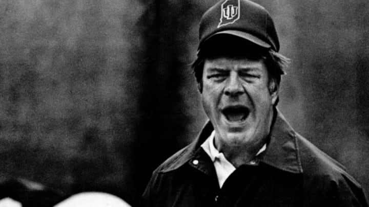 Indiana football coach Bill Mallory shouts instructions during spring practice in 1984.