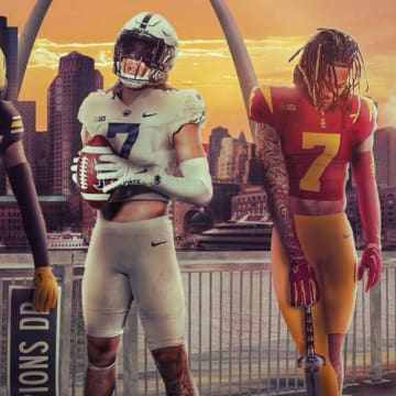 Corey Simms poses in Missouri, Penn State and USC uniforms