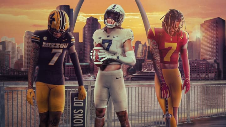 Corey Simms poses in Missouri, Penn State and USC uniforms