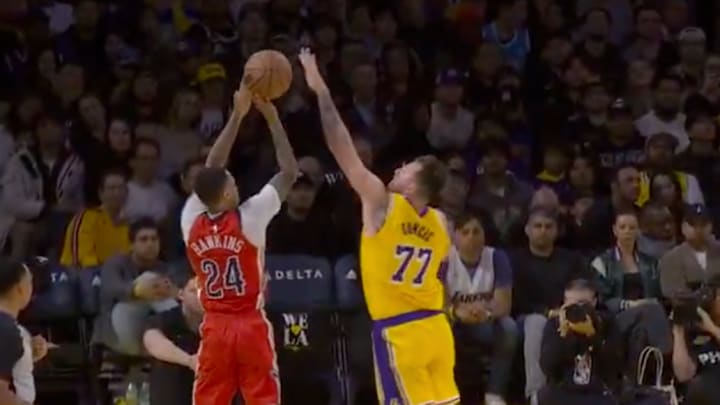 Los Angeles Lakers guard Luka Doncic blocks a shot from New Orleans Pelicans guard Jordan Hawkins Los Angeles Lakers guard Luka Doncic blocks a shot from New Orleans Pelicans guard Jordan Hawkins