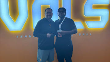 2026 4-star OL Darius Gray with Tennessee HC Josh Heupel during an unofficial visit. (Photo courtesy of Darius Gray)