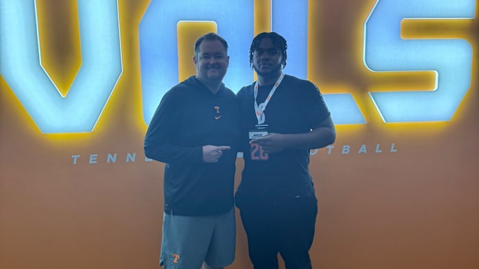 2026 4-star OL Darius Gray with Tennessee HC Josh Heupel during an unofficial visit. (Photo courtesy of Darius Gray)