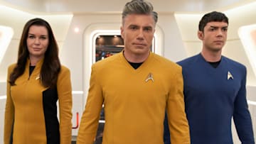 Pictured: Rebecca Romijn as Una, Anson Mount as Pike and Ethan Peck as Spock of the Paramount+ original series STAR TREK: STRANGE NEW WORLDS. Photo Cr: Marni Grossman/Paramount+ ©2022 ViacomCBS. All Rights Reserved.