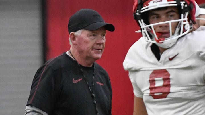 Arkansas Razorbacks offensive coordinator Bobby Petrino at fall camp practice in the indoor facility in Fayetteville, Ark.