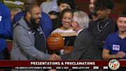 Grant High boys basketball coach Tarek Abdelsameia (left) acknowledged at Los Angeles City Hall after winning a City title in 2023.