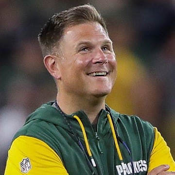 Green Bay Packers general manager Brian Gutekunst watches the Family Night practice on August 3 at Lambeau Field.