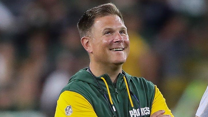 Green Bay Packers general manager Brian Gutekunst watches the Family Night practice on August 3 at Lambeau Field.