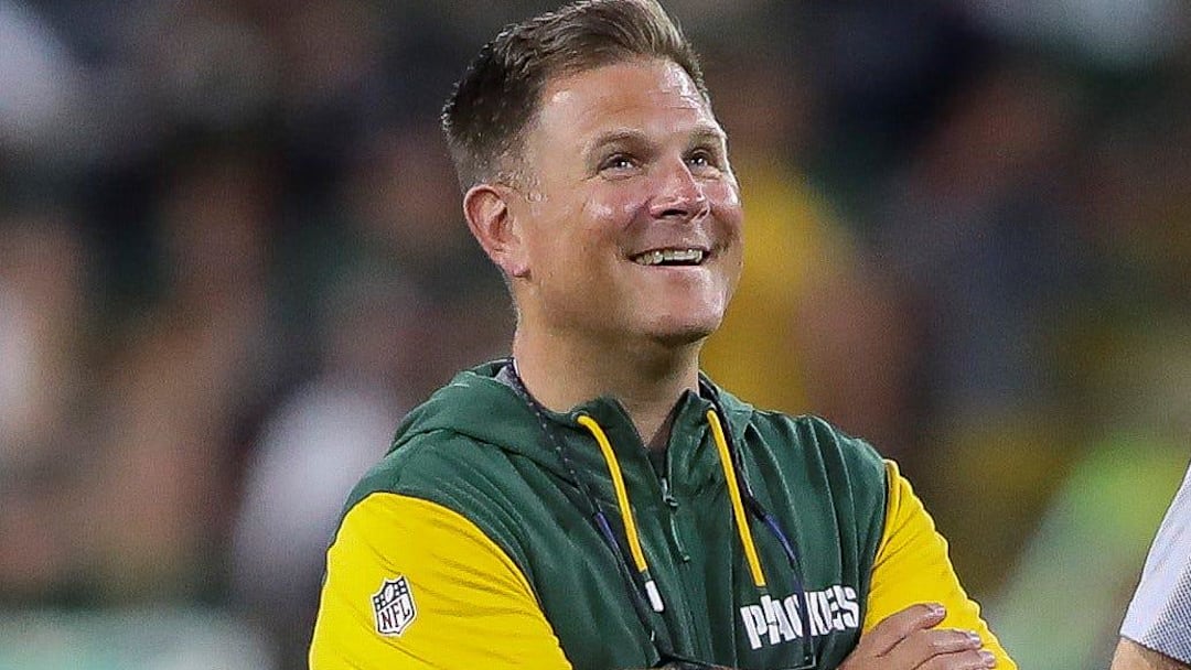 Green Bay Packers general manager Brian Gutekunst watches practice during Family Night at Lambeau Field in Green Bay, Wis. 