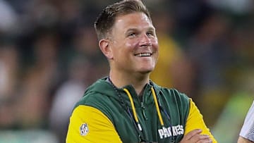 Green Bay Packers general manager Brian Gutekunst watches practice during Family Night at Lambeau Field in Green Bay, Wis. 