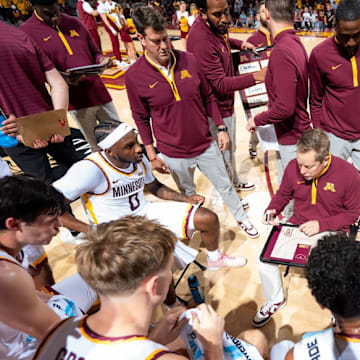 Niko Medved talking to his Gophers team during their exhibition win over North Dakota State