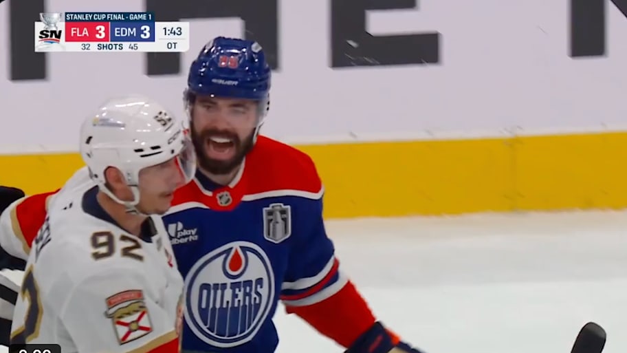 Edmonton Oilers D Jake Walman mocks Florida Panthers winger Tomas Nosek for taking a penalty in overtime of Stanley Cup Final Game 1.  | Screenshot via B/R Open Ice on X