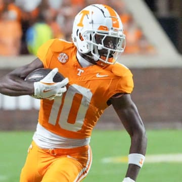 Tennessee wide receiver Mike Matthews (10) runs downfield after making a catch during the NCAA College football game against Kent State on Saturday, September 14, 2024, in Knoxville, Tenn.