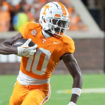 Tennessee wide receiver Mike Matthews (10) runs downfield after making a catch during the NCAA College football game against Kent State on Saturday, September 14, 2024, in Knoxville, Tenn.