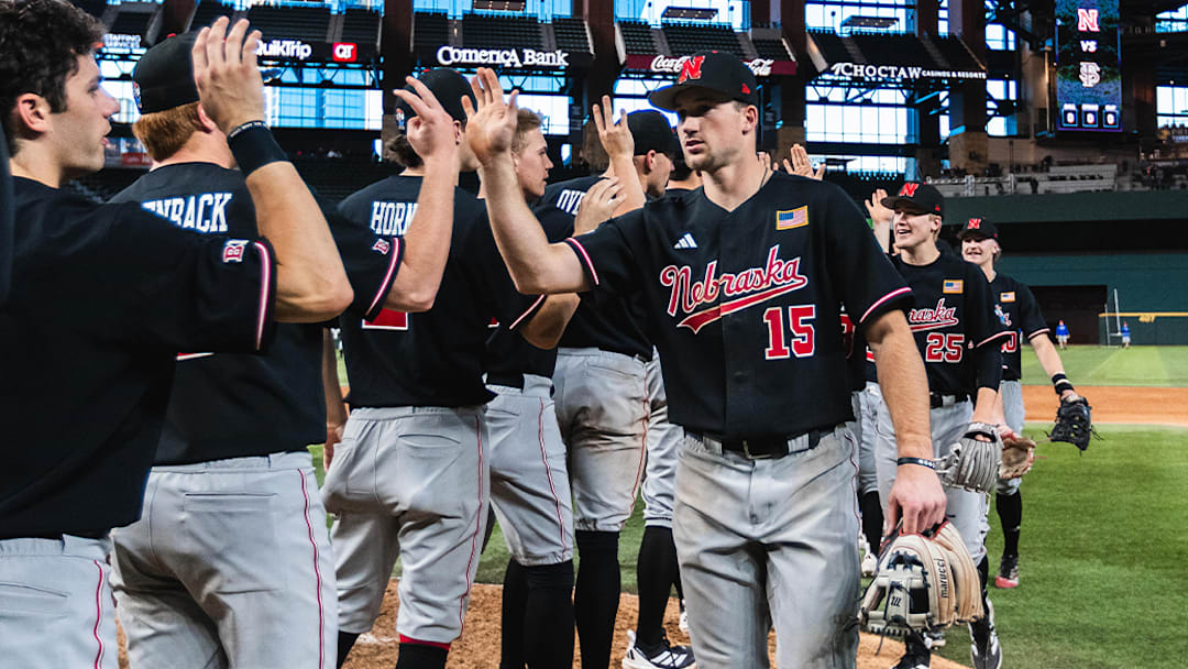 Nebraska players celebrate after beating No. 16 Florida State during the Amegy Bank Baseball Series in Arlington.
